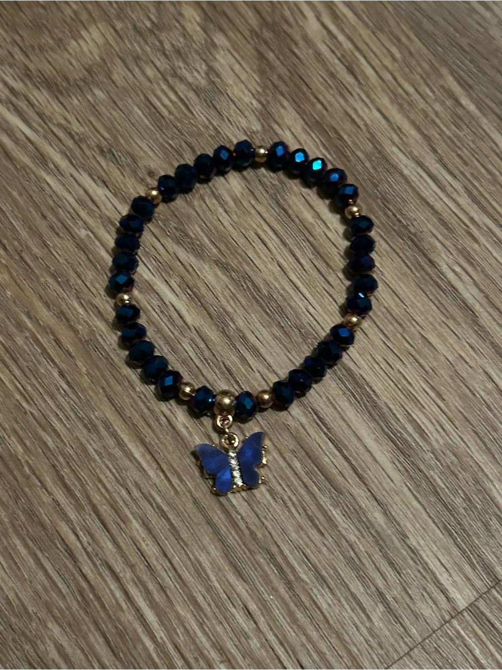 Gold and Deep Blue metallic Beaded Butterfly Stretch Bracelet